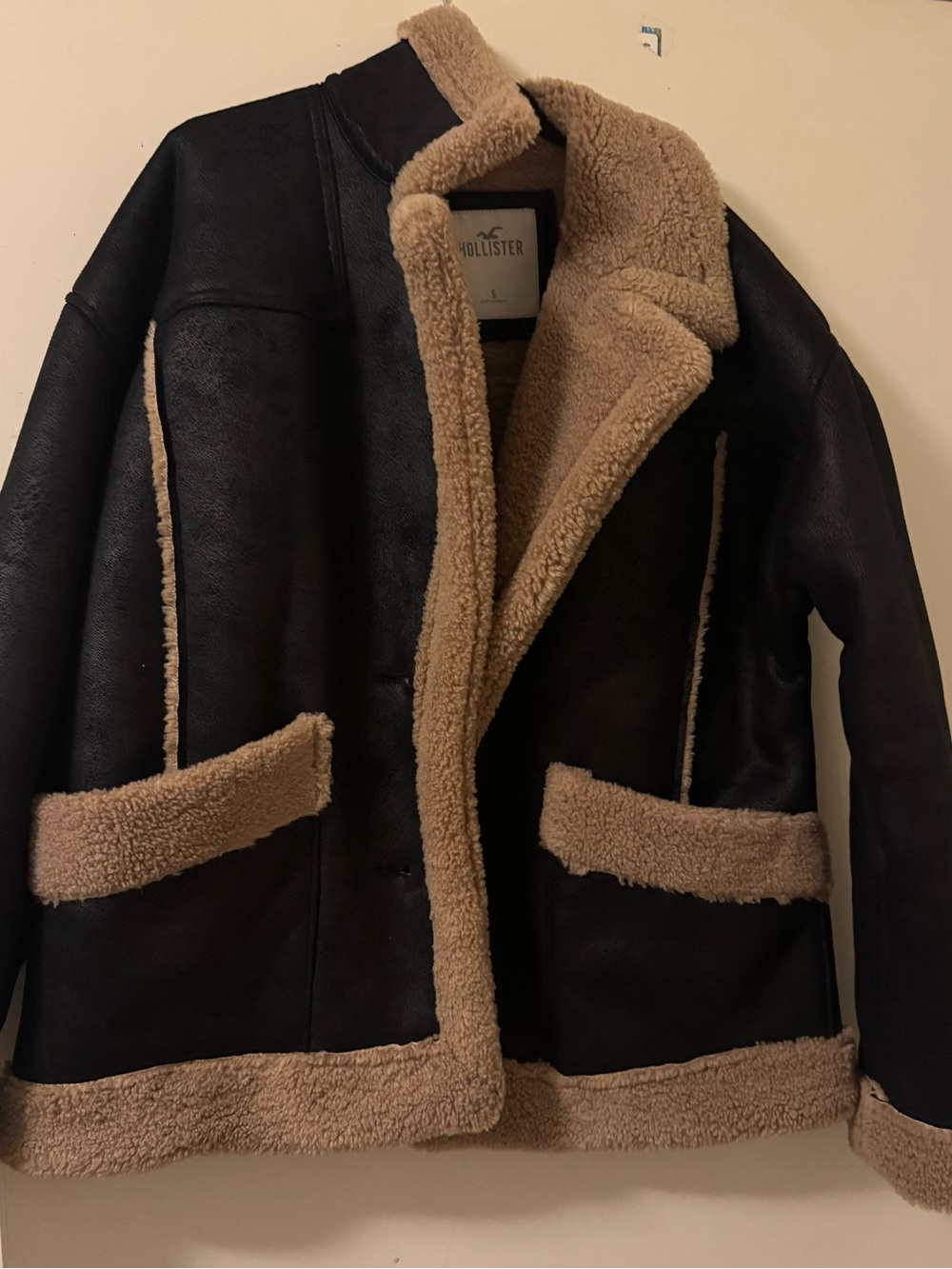 Hollister Black Jacket with Tan Shearling Trim